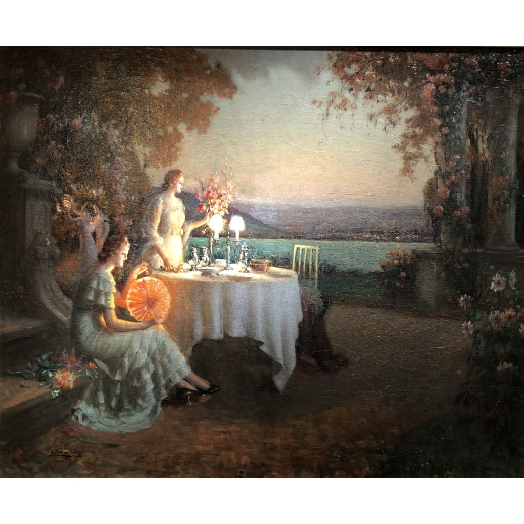 ENJOLRAS Delphin Soirée sur la terrasse Huile toile signée Certificat | Biron 
