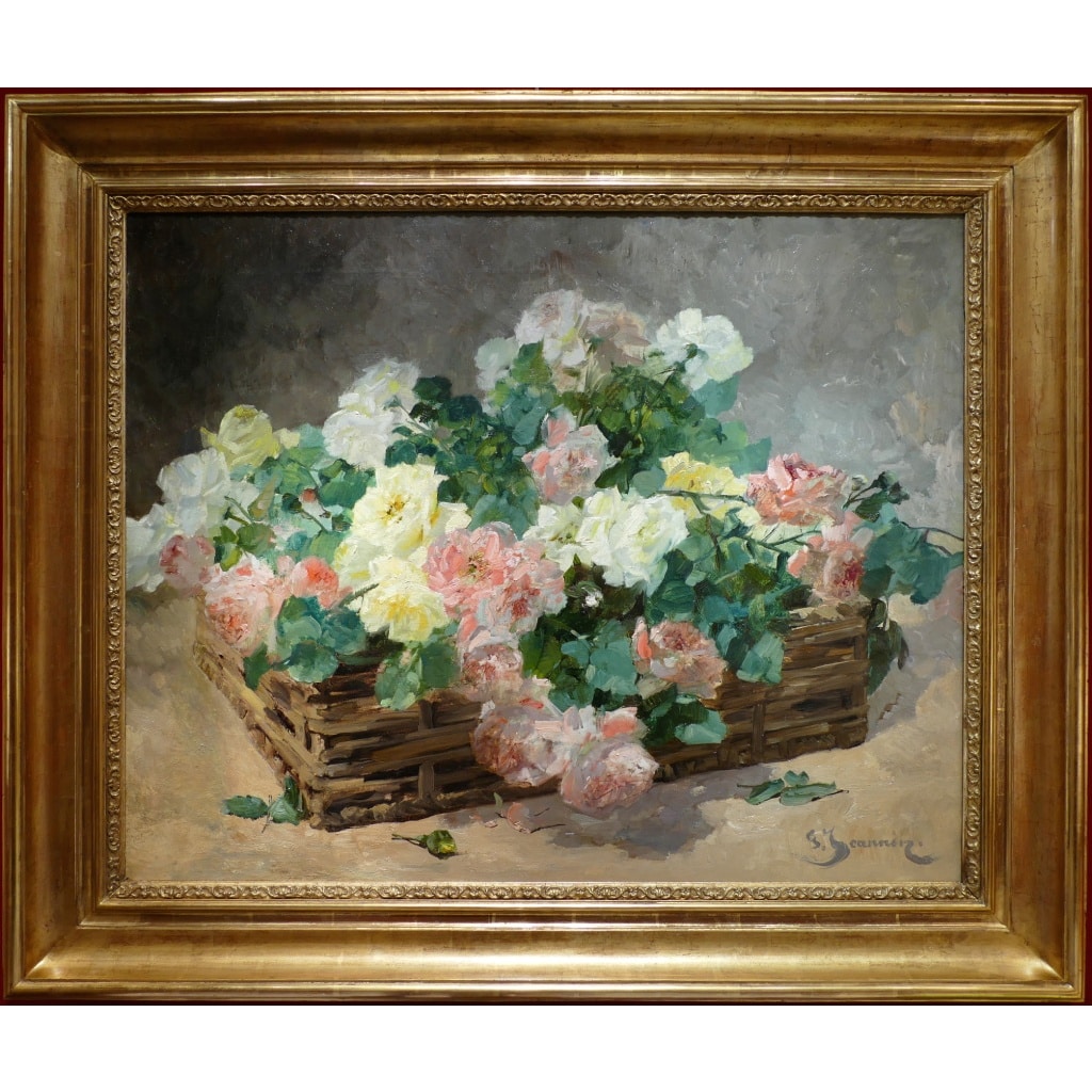 JEANNIN Georges Peinture Française 19è Siècle Panier De Roses Huile Sur Toile Signée Certificat d’authenticité | Biron 