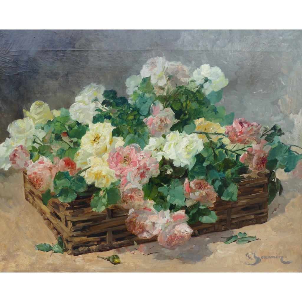 JEANNIN Georges Peinture Française 19è Siècle Panier De Roses Huile Sur Toile Signée Certificat d’authenticité | Biron 