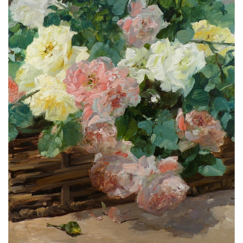 JEANNIN Georges Peinture Française 19è Siècle Panier De Roses Huile Sur Toile Signée Certificat d’authenticité | Biron 