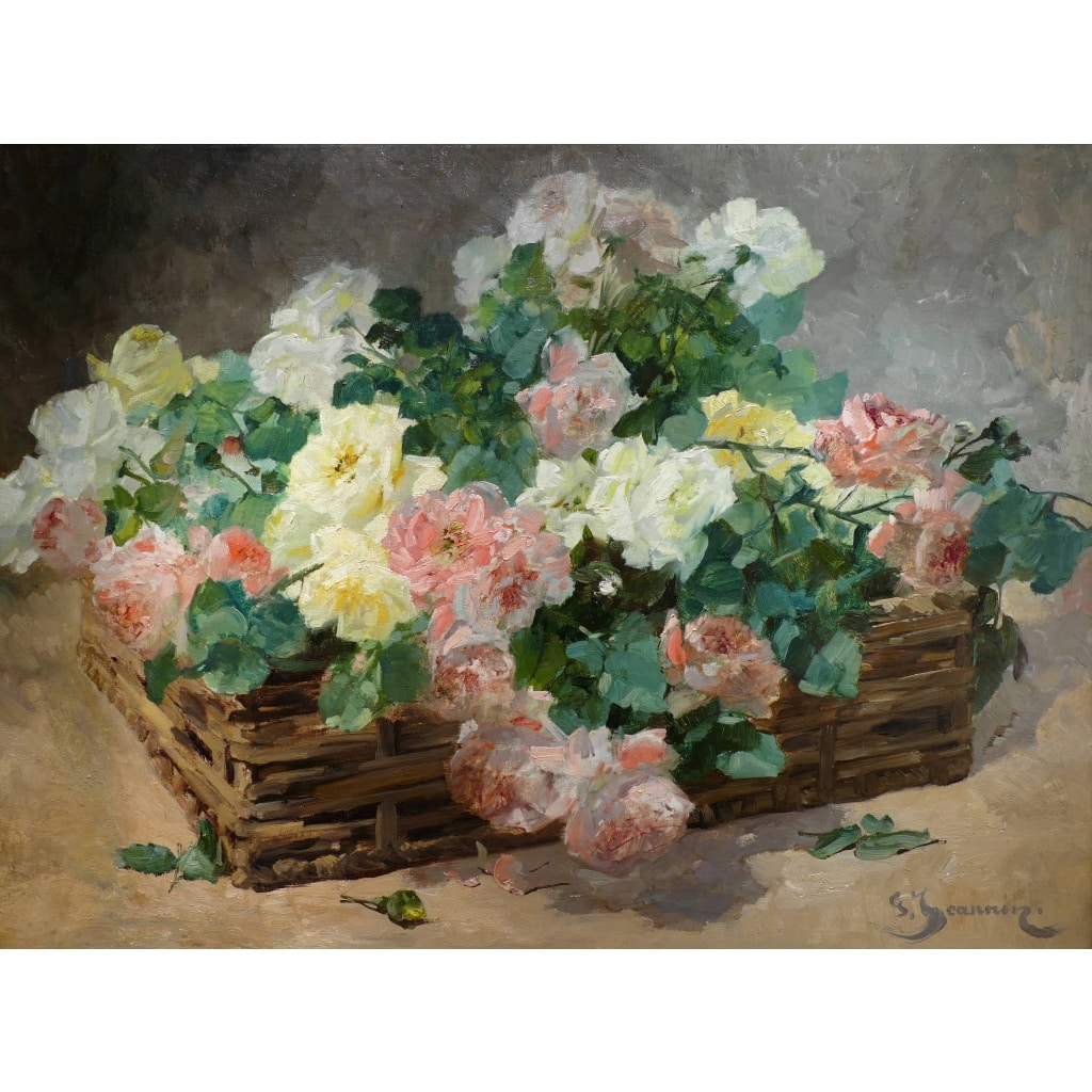 JEANNIN Georges Peinture Française 19è Siècle Panier De Roses Huile Sur Toile Signée Certificat d’authenticité | Biron 