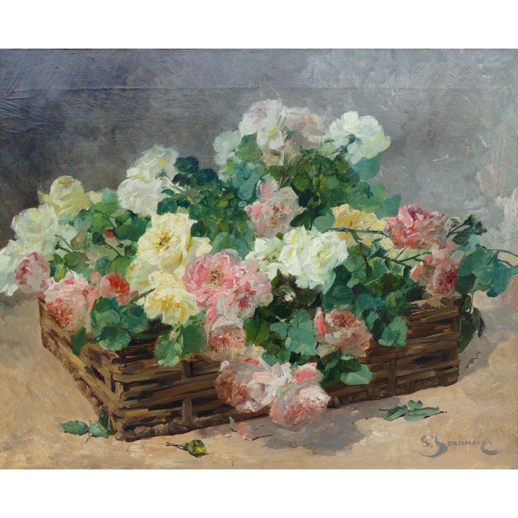JEANNIN Georges Peinture Française 19è Siècle Panier De Roses Huile Sur Toile Signée Certificat d’authenticité | Biron 