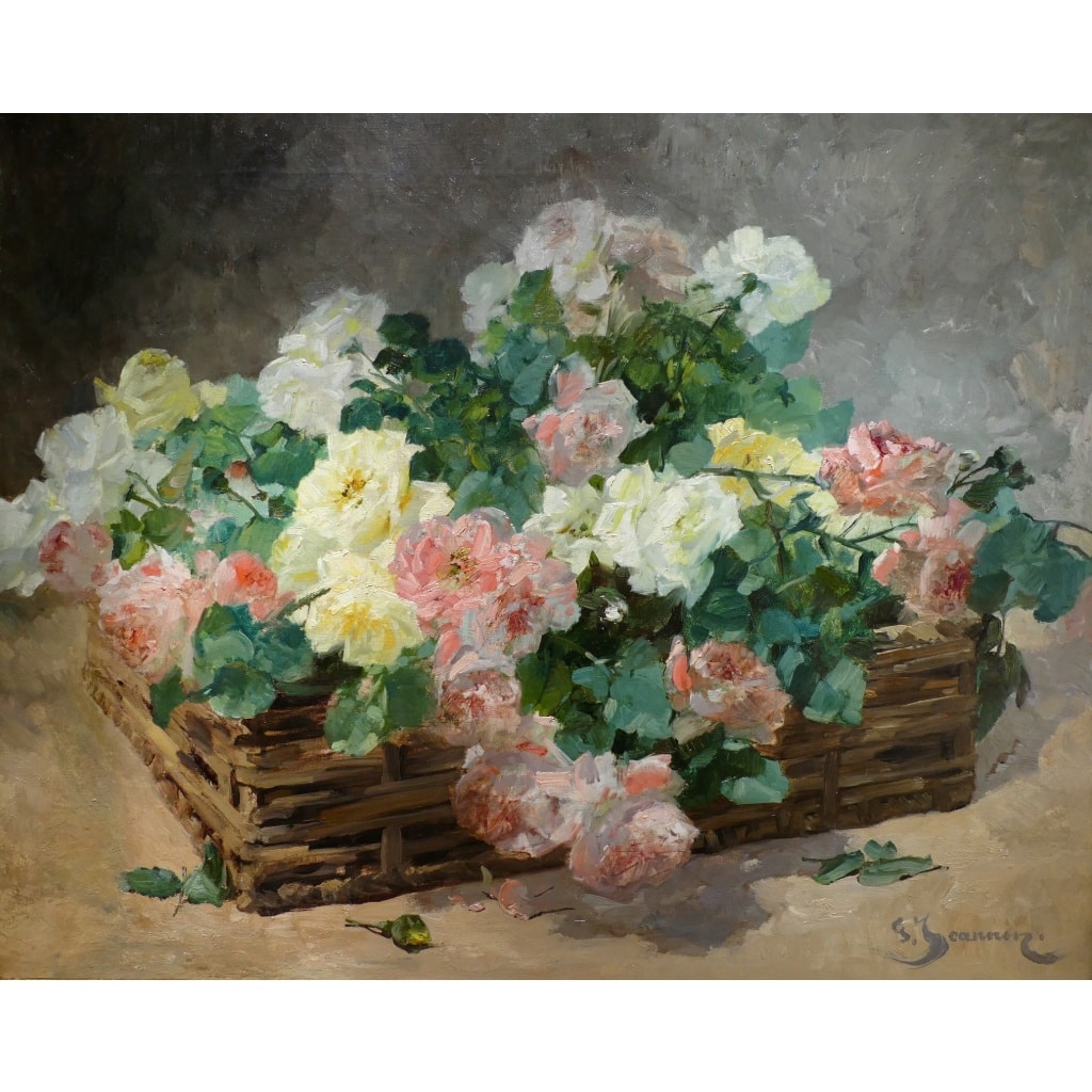 JEANNIN Georges Peinture Française 19è Siècle Panier De Roses Huile Sur Toile Signée Certificat d’authenticité | Biron 