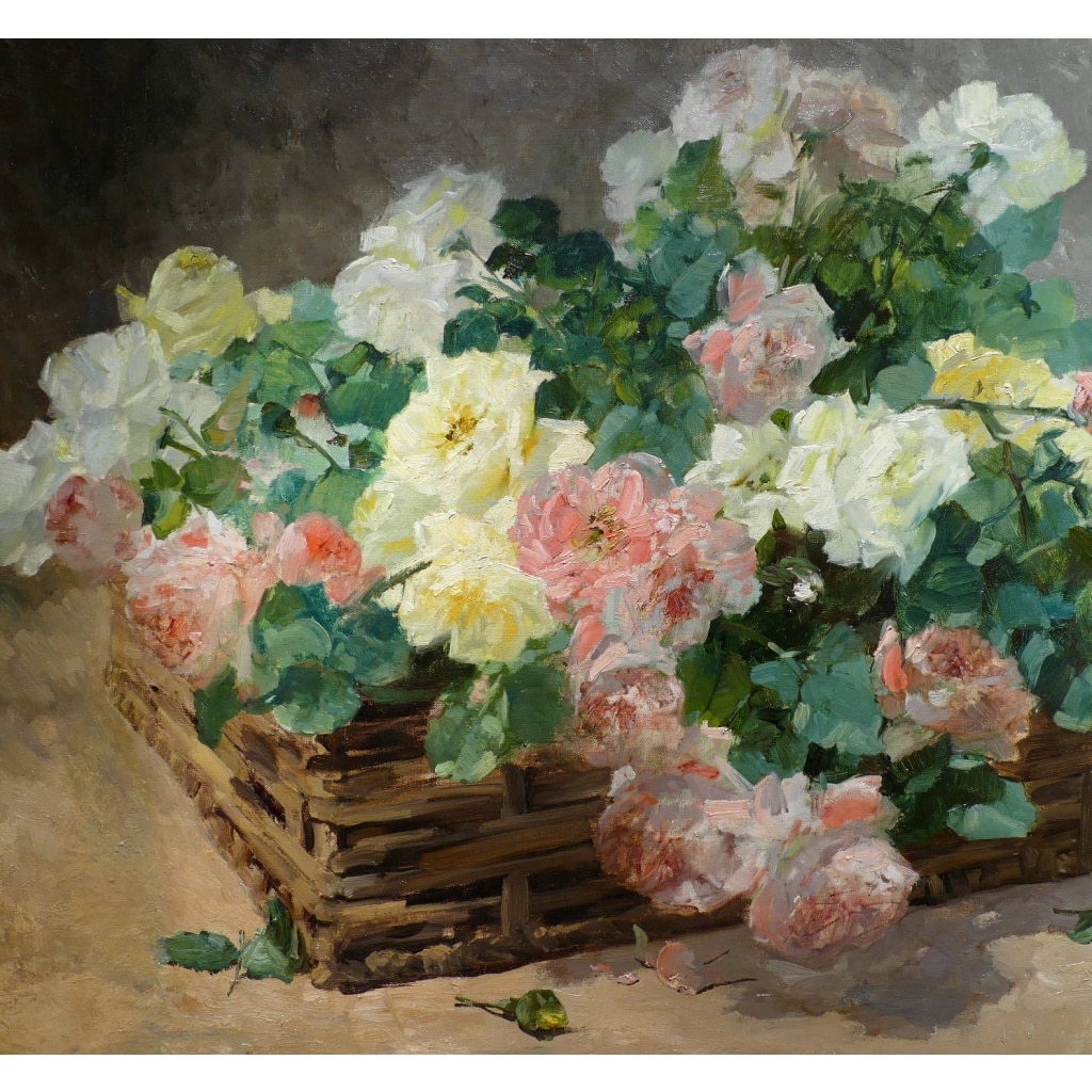JEANNIN Georges Peinture Française 19è Siècle Panier De Roses Huile Sur Toile Signée Certificat d’authenticité | Biron 