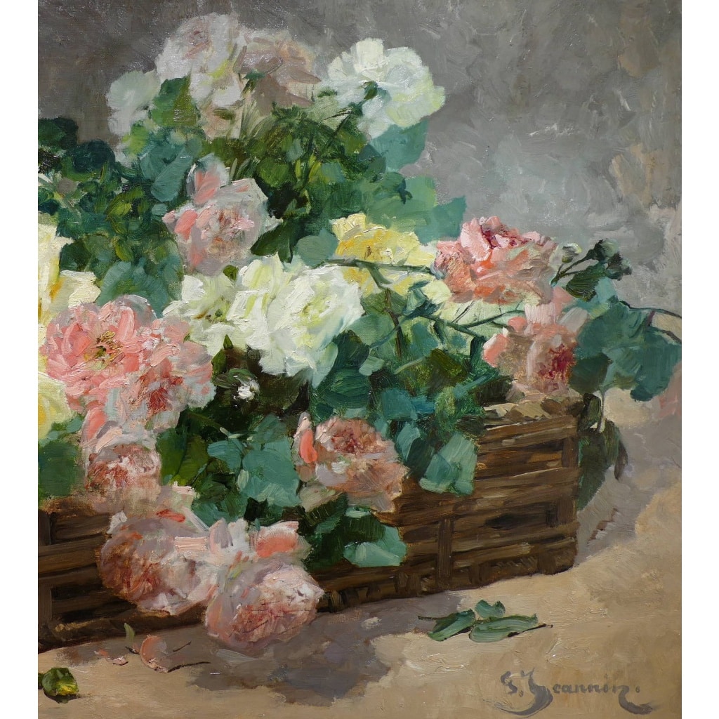 JEANNIN Georges Peinture Française 19è Siècle Panier De Roses Huile Sur Toile Signée Certificat d’authenticité | Biron 