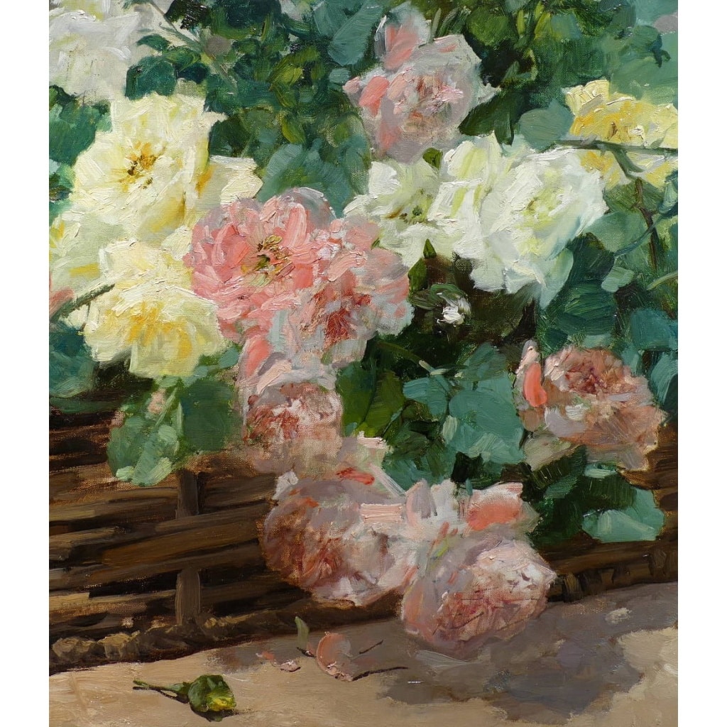 JEANNIN Georges Peinture Française 19è Siècle Panier De Roses Huile Sur Toile Signée Certificat d’authenticité | Biron 