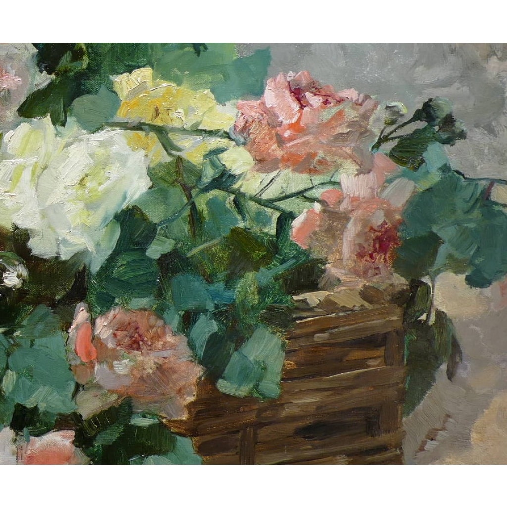 JEANNIN Georges Peinture Française 19è Siècle Panier De Roses Huile Sur Toile Signée Certificat d’authenticité | Biron 