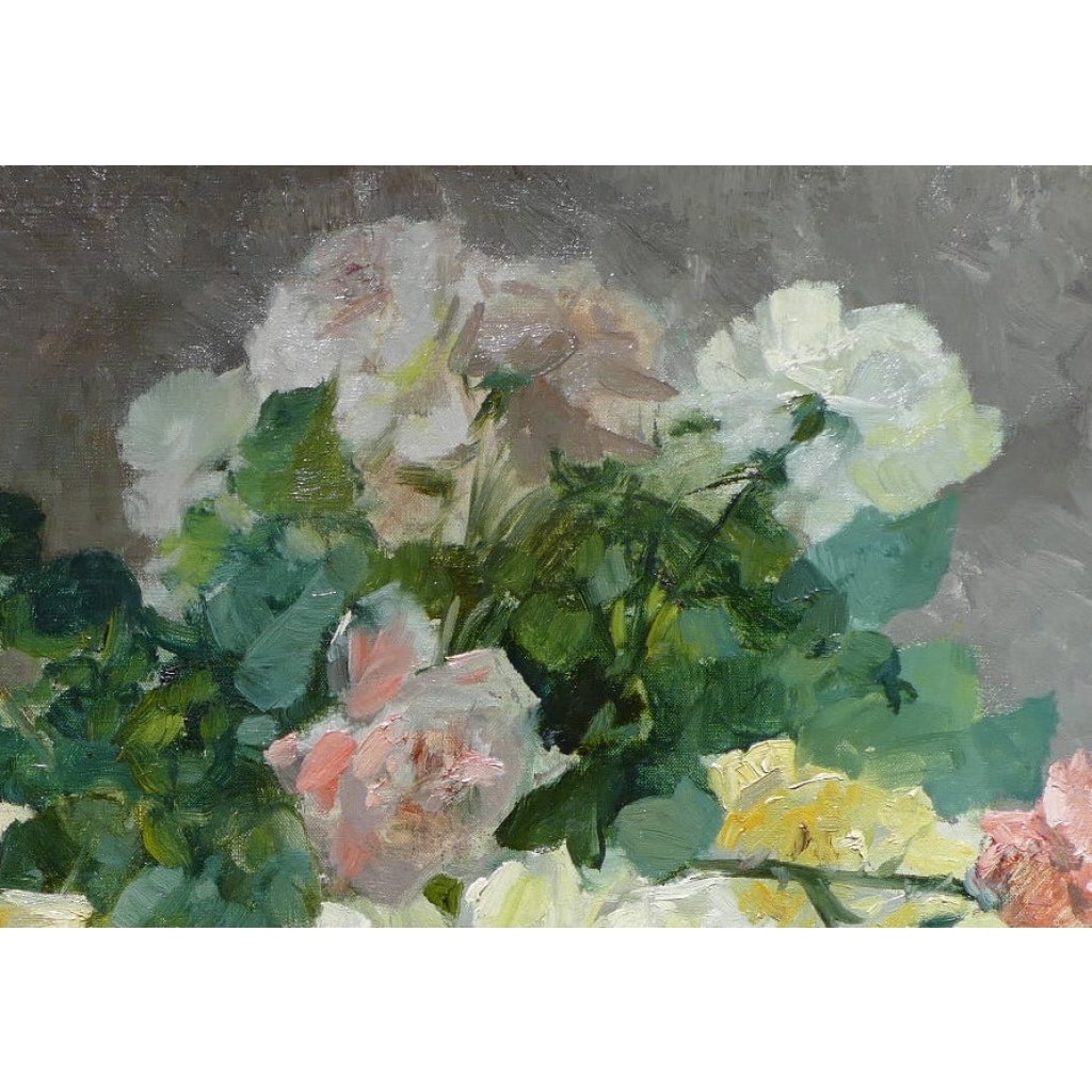 JEANNIN Georges Peinture Française 19è Siècle Panier De Roses Huile Sur Toile Signée Certificat d’authenticité | Biron 