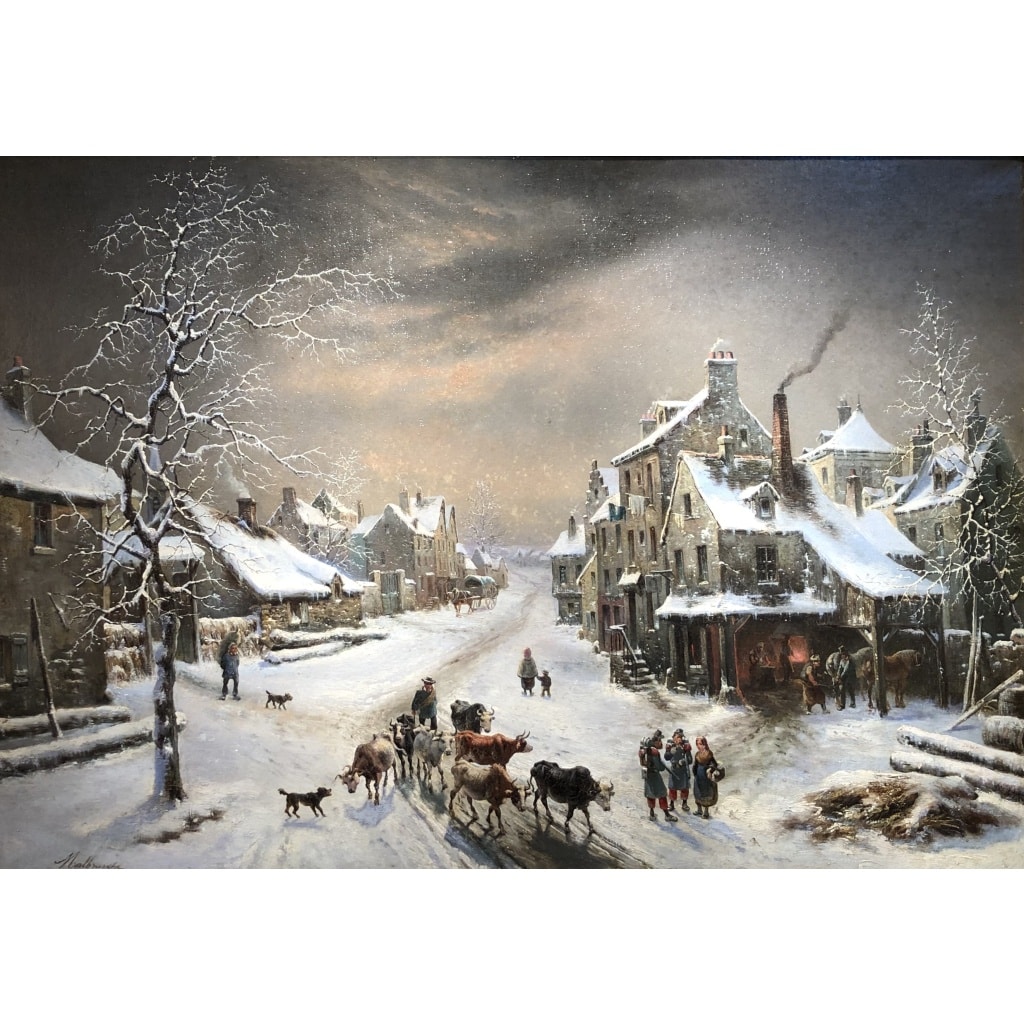 MALBRANCHE Louis Claude Ecole Française 19è Animation Entrée Village Huile Signée Certificat d’authenticité | Biron 