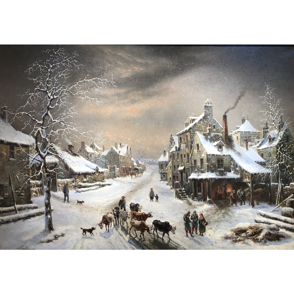 MALBRANCHE Louis Claude Ecole Française 19è Animation Entrée Village Huile Signée Certificat d’authenticité | Biron 