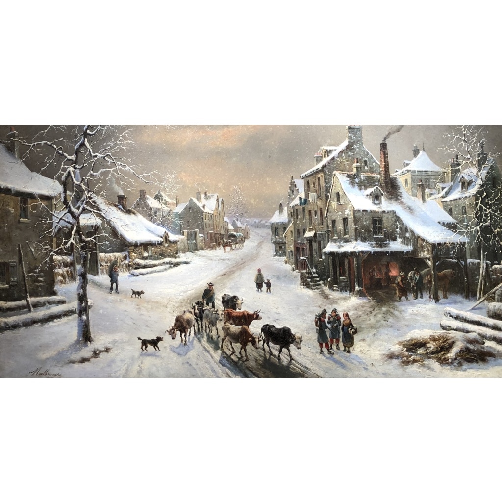 MALBRANCHE Louis Claude Ecole Française 19è Animation Entrée Village Huile Signée Certificat d’authenticité | Biron 