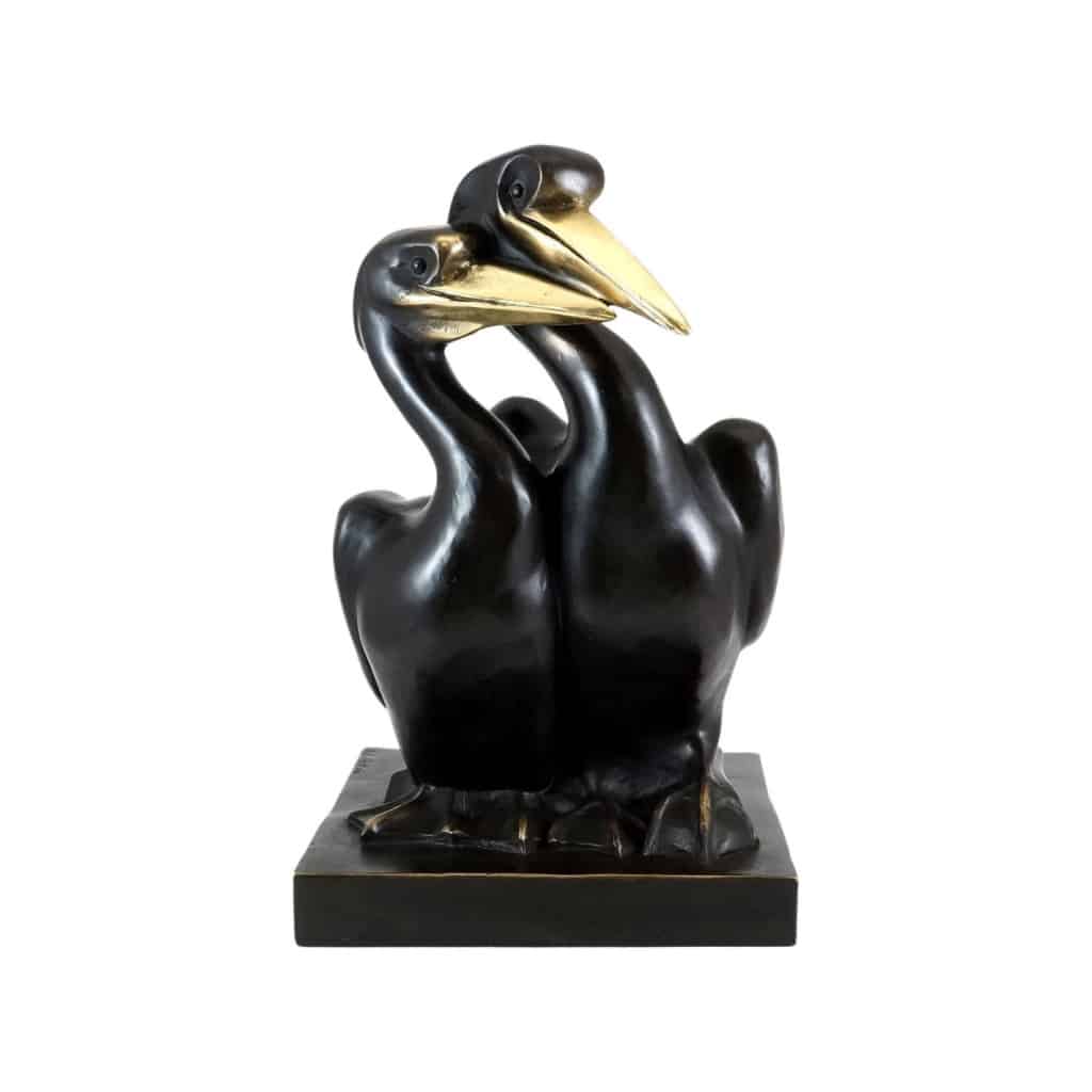 Sculpture en bronze patiné représentant un couple de pelicans, Art contemporain, XXIème siècle. | Biron 