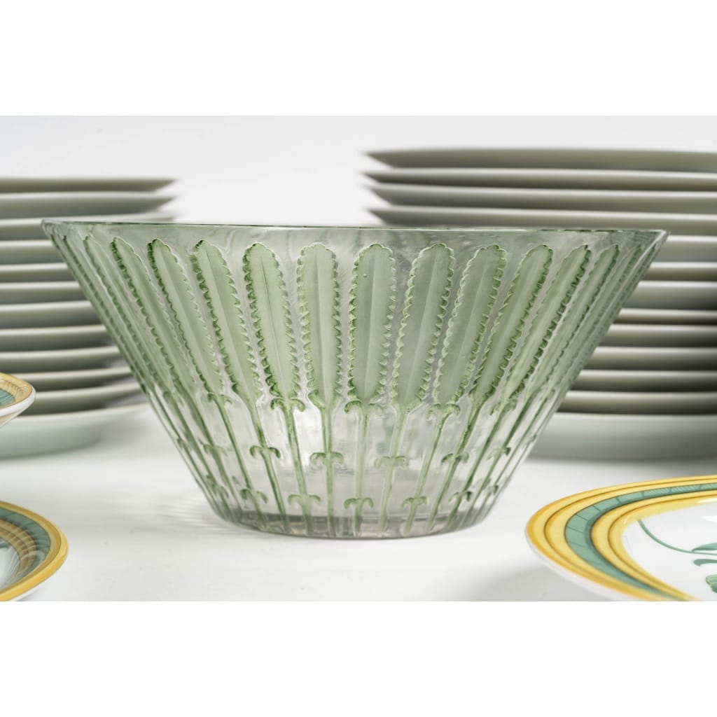 Bol Plumes Lalique en Cristal Givré Teinté Vert | Pièce Rare Signée et Unique | Biron 
