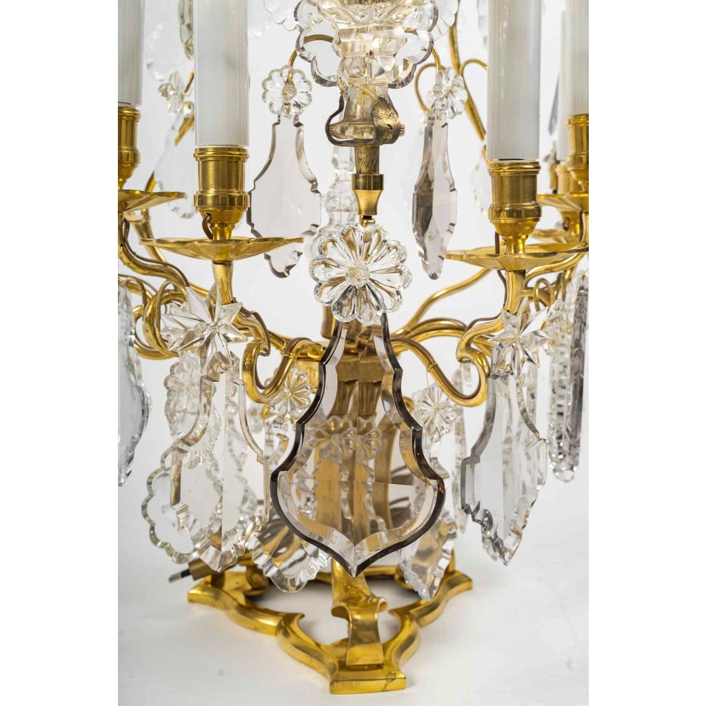Paire de girandoles de style Louis XV en bronze doré et décor de cristal Baccarat vers 1850-1870 | Biron 
