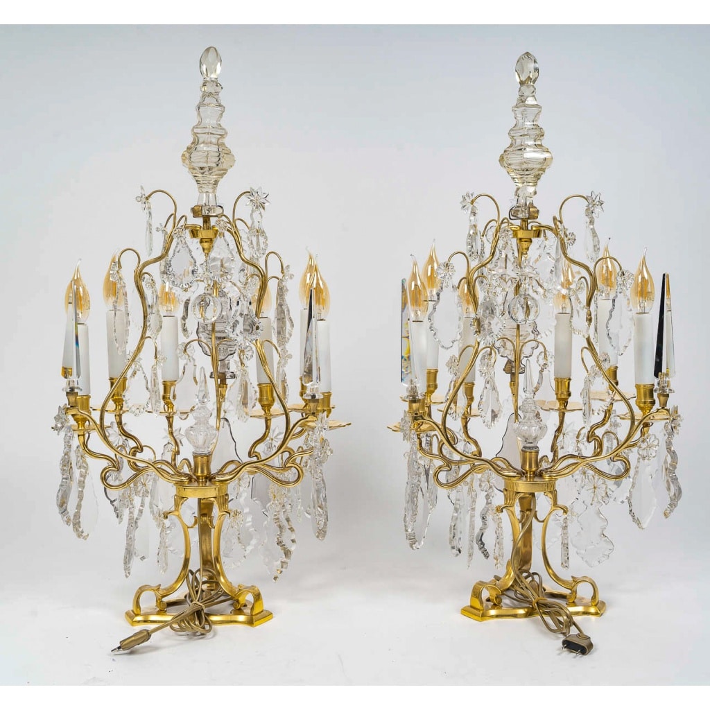 Paire de girandoles de style Louis XV en bronze doré et décor de cristal Baccarat vers 1850-1870 | Biron 