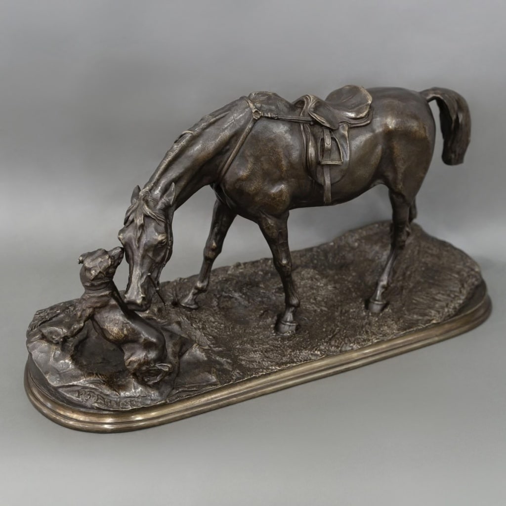 Sculpture - Jument à L’ Écurie Jouant Avec Un Chien , Pierre - Jules Mêne (1810-1879) - Bronze 