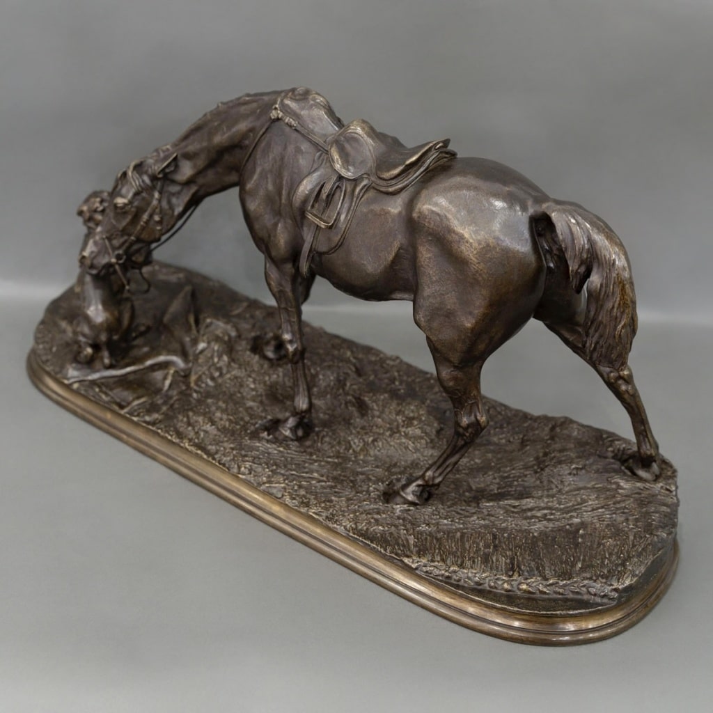 Sculpture - Jument à L’ Écurie Jouant Avec Un Chien , Pierre - Jules Mêne (1810-1879) - Bronze 