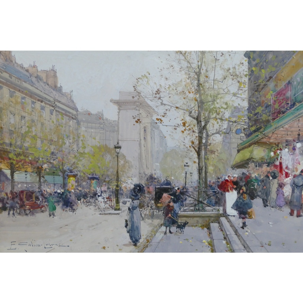 GALIEN LALOUE Tableau 20è Paris Animation sur les Grands Boulevards Gouache Signée Certificat d’authenticité | Biron 