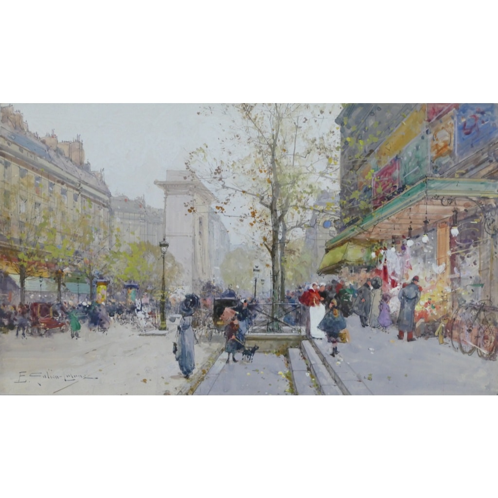 GALIEN LALOUE Tableau 20è Paris Animation sur les Grands Boulevards Gouache Signée Certificat d’authenticité | Biron 