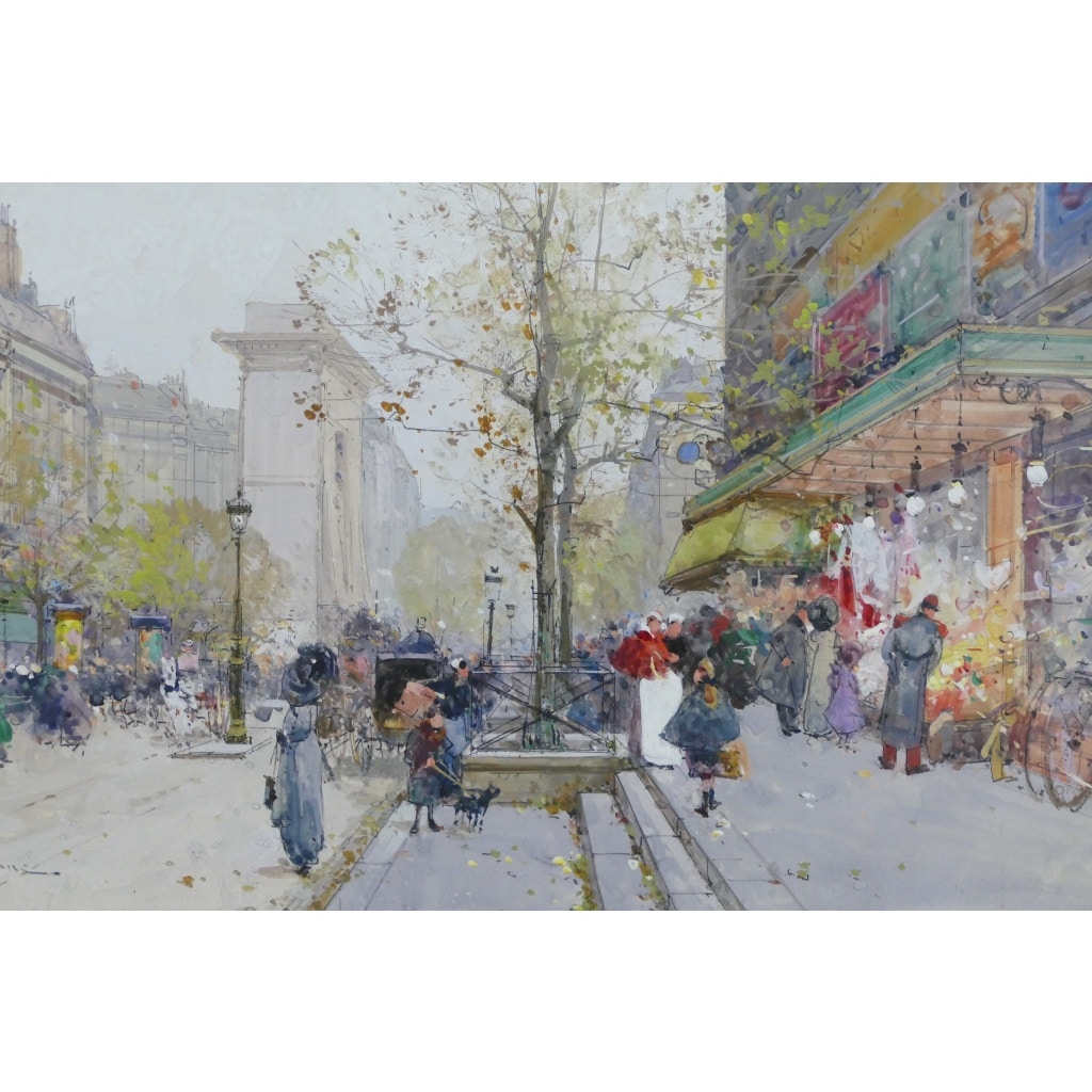 GALIEN LALOUE Tableau 20è Paris Animation sur les Grands Boulevards Gouache Signée Certificat d’authenticité | Biron 