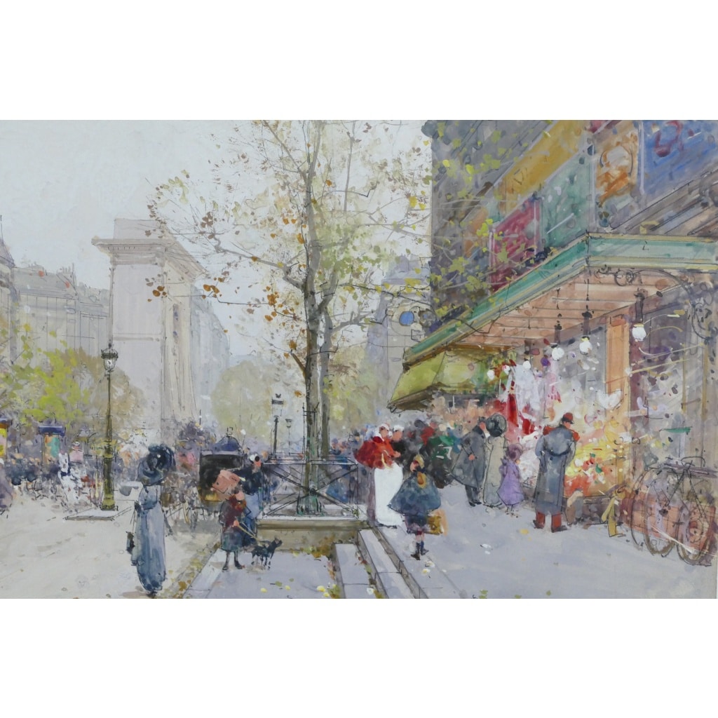 GALIEN LALOUE Tableau 20è Paris Animation sur les Grands Boulevards Gouache Signée Certificat d’authenticité | Biron 