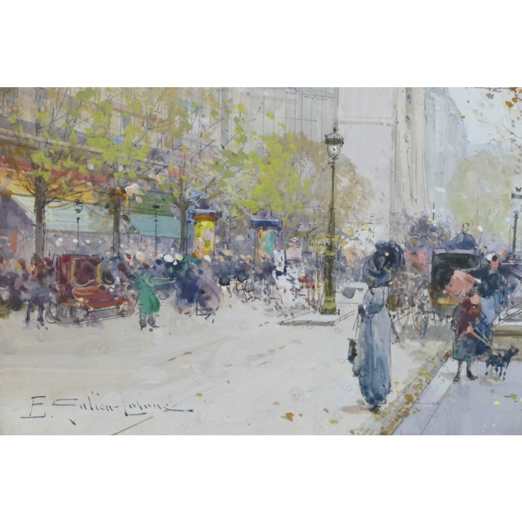 GALIEN LALOUE Tableau 20è Paris Animation sur les Grands Boulevards Gouache Signée Certificat d’authenticité | Biron 