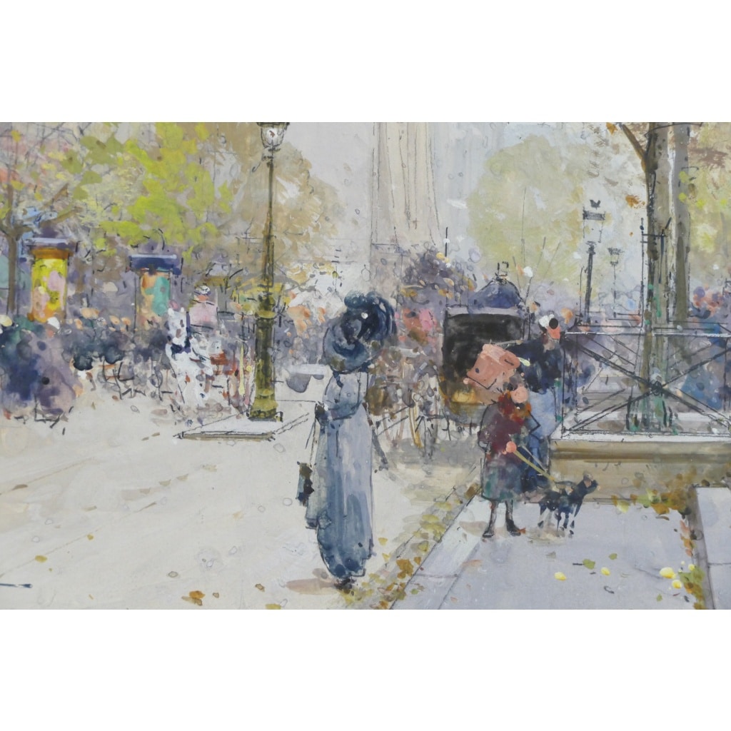 GALIEN LALOUE Tableau 20è Paris Animation sur les Grands Boulevards Gouache Signée Certificat d’authenticité | Biron 