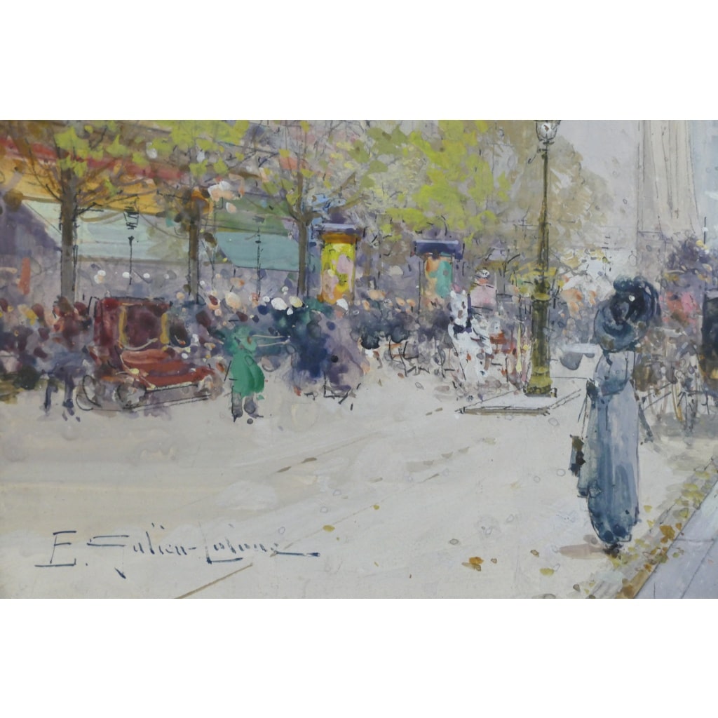 GALIEN LALOUE Tableau 20è Paris Animation sur les Grands Boulevards Gouache Signée Certificat d’authenticité | Biron 