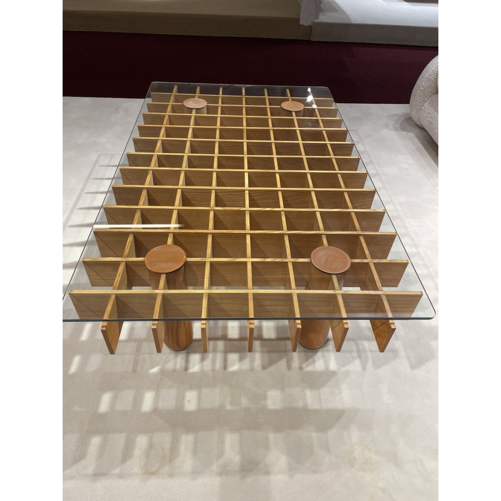 Table basse italienne en bois et plateau de verre de Gianfranco FRATTINI 