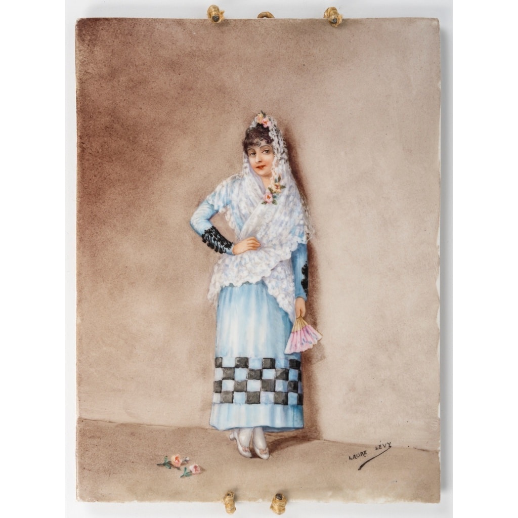 Laure Levy (1866-1954) La Belle Andalouse, plaque en porcelaine polychrome, circa 1900 | Biron 
