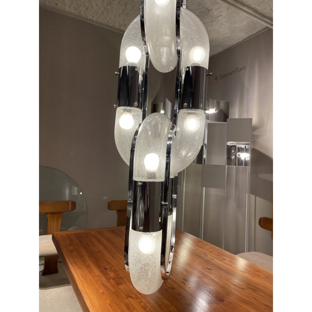 Rare lustre chaîne, chromé à 5 anneaux en verre de Murano de Aldo NASON | Biron 