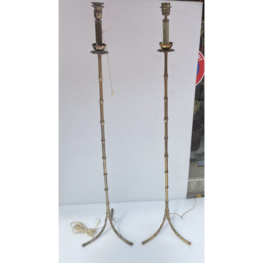 1970′ Série De 4 Lampadaires En Bronze Maison Jansen Modèle Bambou H 160 cm 