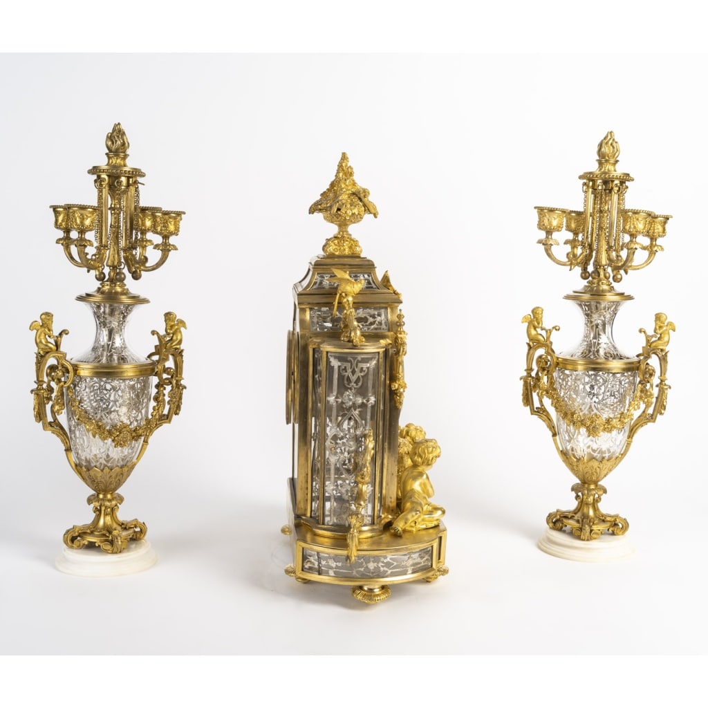 Garniture De Cheminée En Bronze Doré Et Cristal Signée Prosper Roussel | Biron 