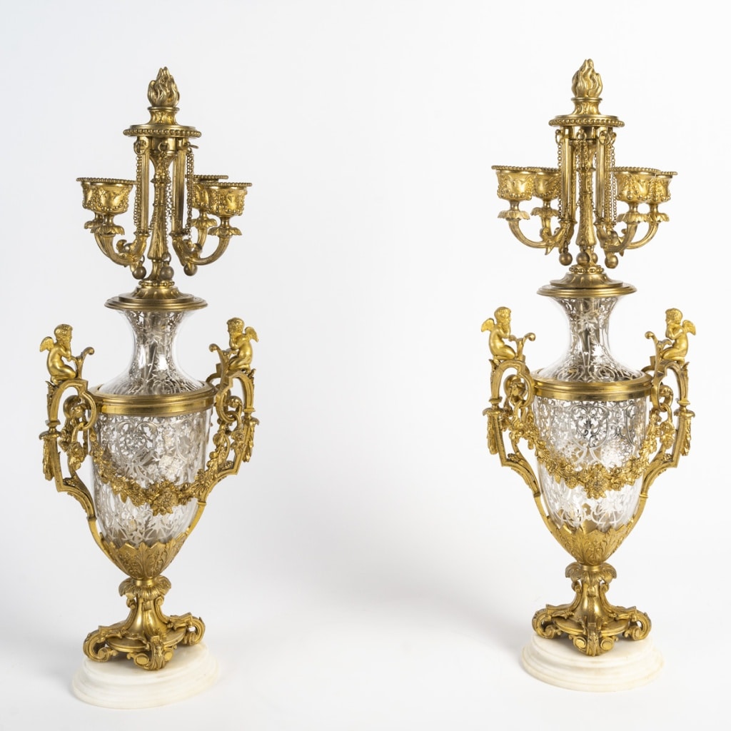 Garniture De Cheminée En Bronze Doré Et Cristal Signée Prosper Roussel | Biron 