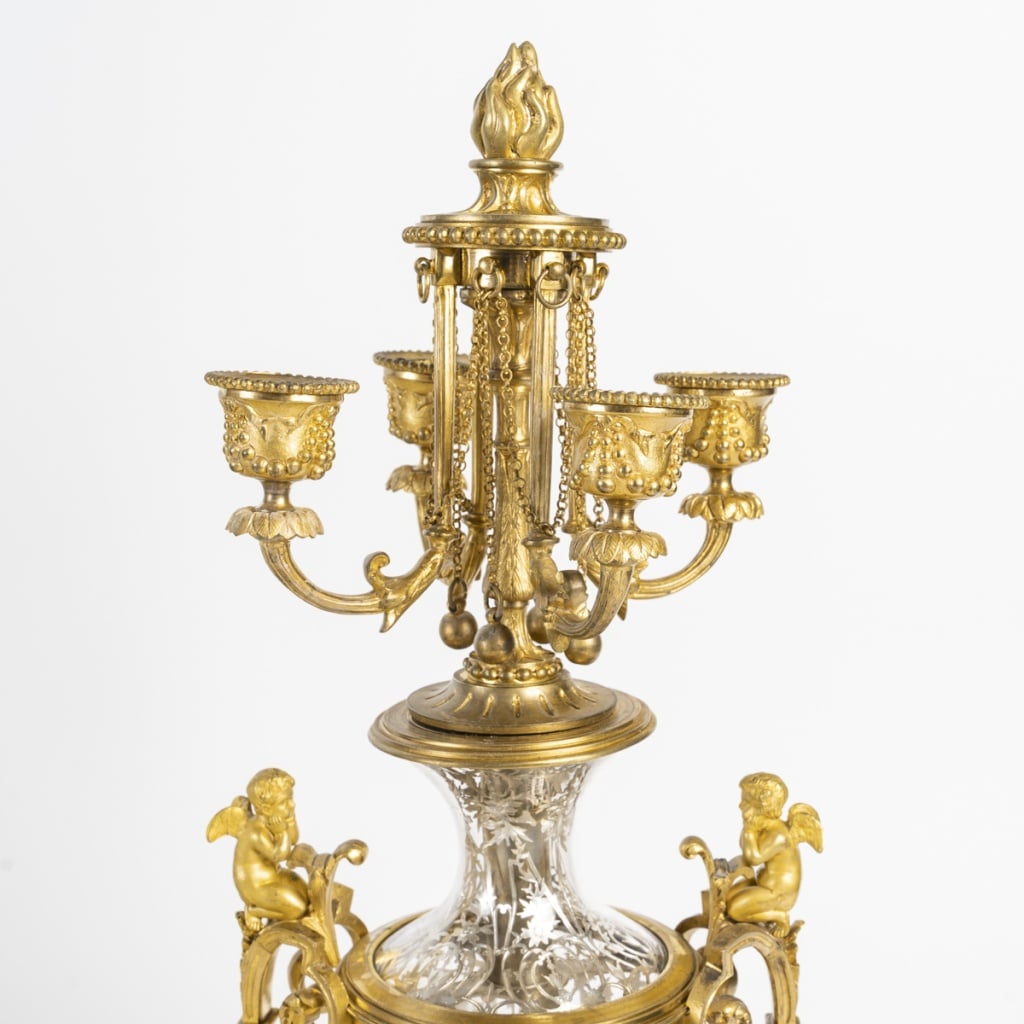 Garniture De Cheminée En Bronze Doré Et Cristal Signée Prosper Roussel | Biron 