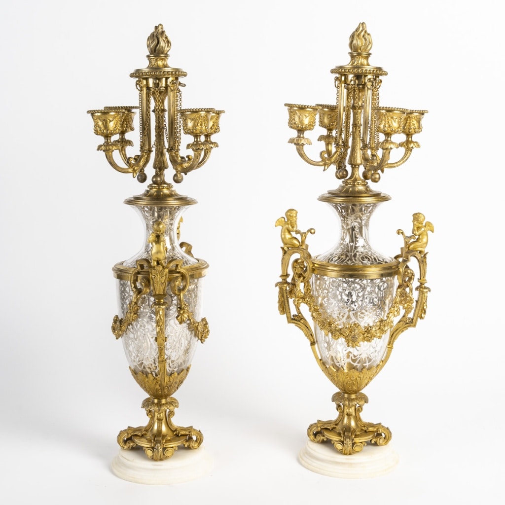 Garniture De Cheminée En Bronze Doré Et Cristal Signée Prosper Roussel | Biron 