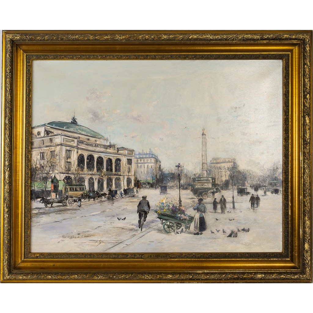 Jean Bernard Trotzier La Marchande de Fleurs Ambulante Place du Châtelet Huile sur Toile XXème siècle | Biron 