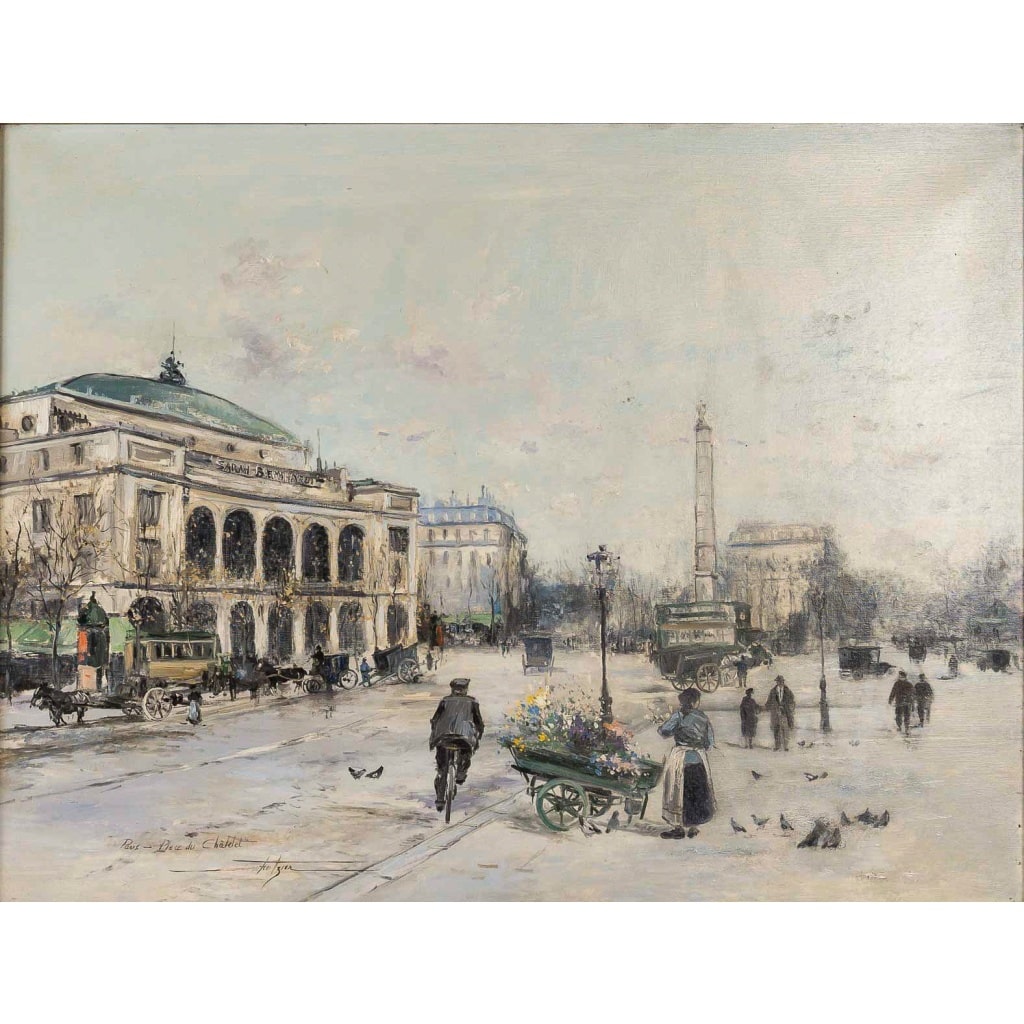 Jean Bernard Trotzier La Marchande de Fleurs Ambulante Place du Châtelet Huile sur Toile XXème siècle | Biron 