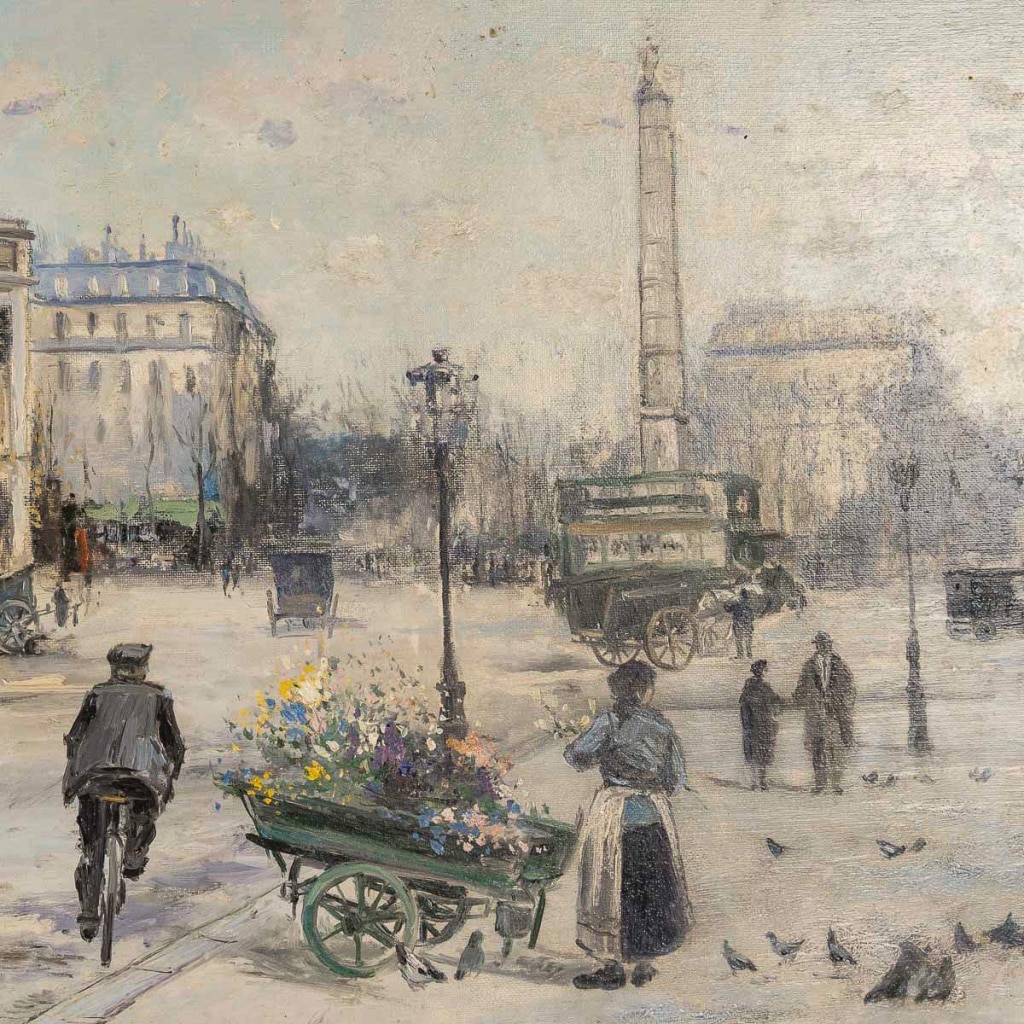 Jean Bernard Trotzier La Marchande de Fleurs Ambulante Place du Châtelet Huile sur Toile XXème siècle | Biron 