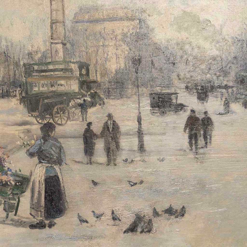 Jean Bernard Trotzier La Marchande de Fleurs Ambulante Place du Châtelet Huile sur Toile XXème siècle | Biron 
