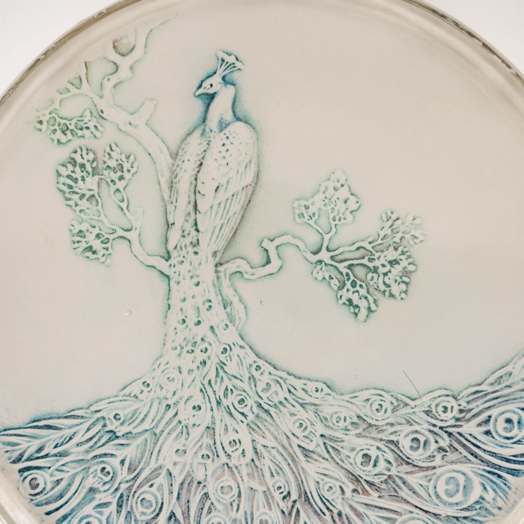 Boîte « Paon » verre blanc patiné bleu de René LALIQUE | Biron 