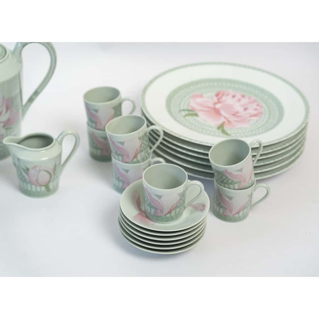 Service à Café Hermès « les Pivoines » – Décor Floral Rose Et Vert – 26 Pièces Pour 12 Personnes | Biron 