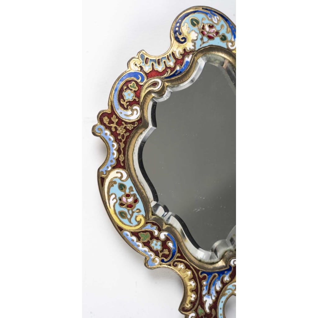Miroir à main du 19ᵉ siècle en émail cloisonné sur bronze, avec un verre biseauté. | Biron 