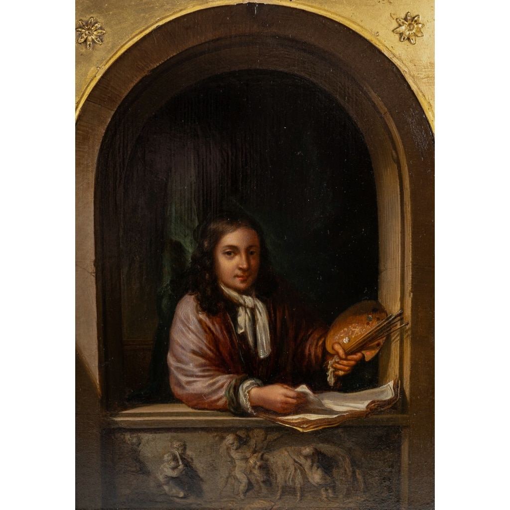 Portrait d’un Peintre dans une Alcove, dans le style de Willem Van Mieris, huile sur bois vers 1800 | Biron 
