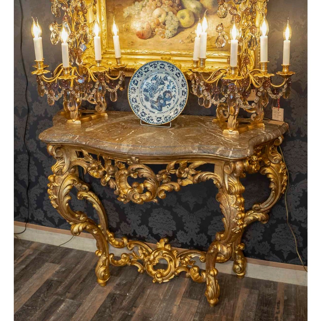 Console en bois sculpté et doré à décor Rocaille Italie fin du XVIIIème siècle | Biron 