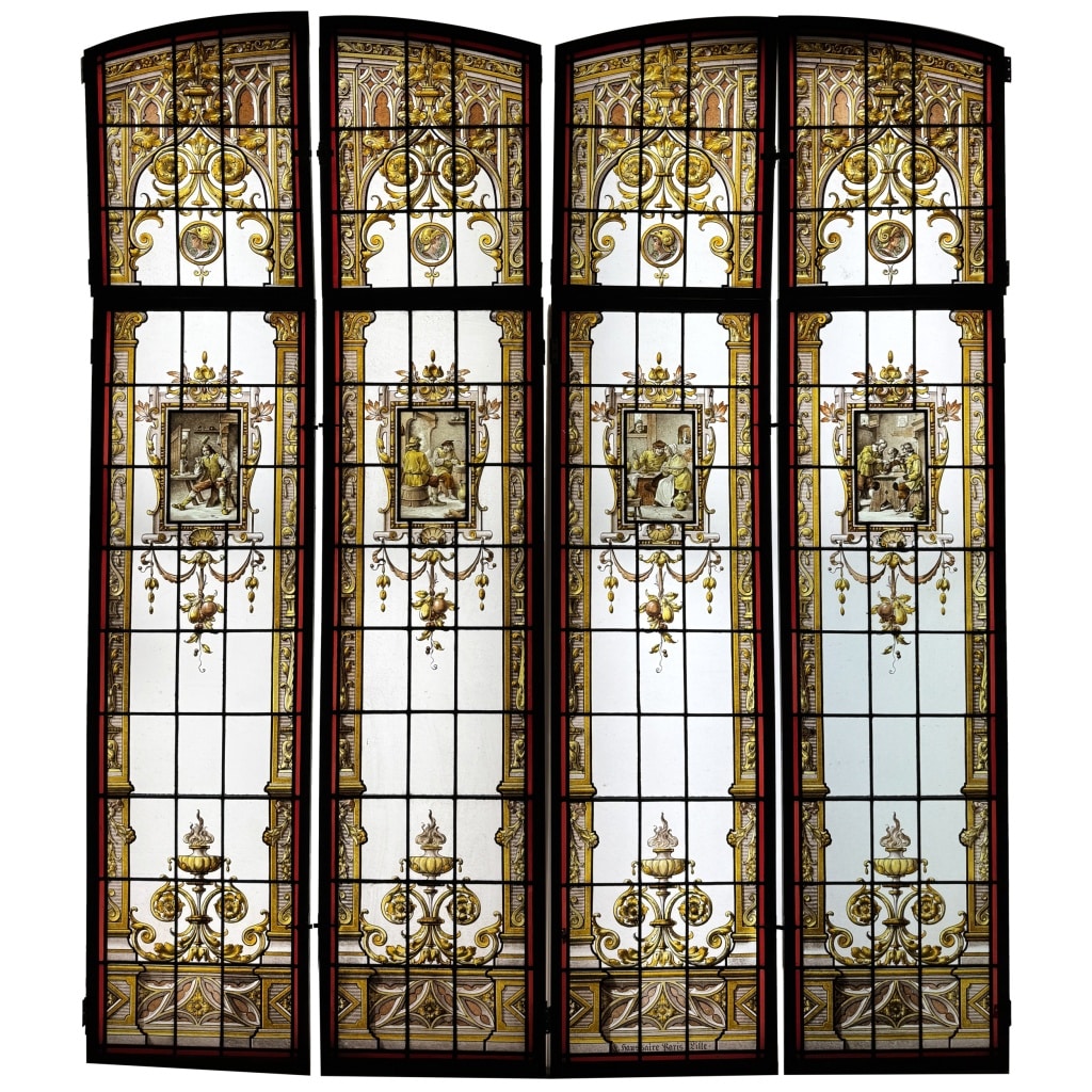 Vitraux style néogothique scènes de cabaret (246 x 210 cm) | Biron vitrail haussaire cabaret