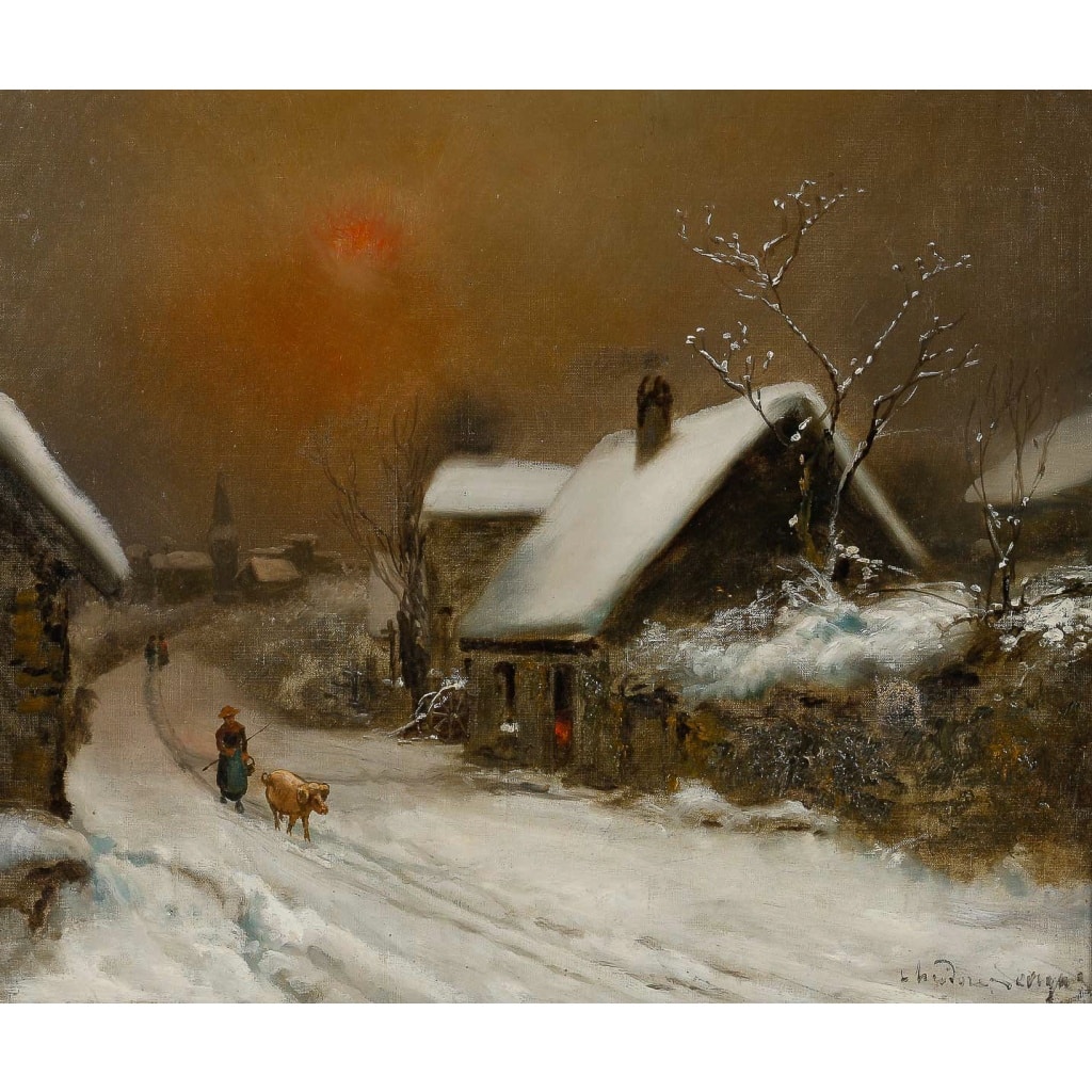 Théodore Levigne (1848-1912) Village sous la neige huile sur toile fin du XIXème siècle | Biron 