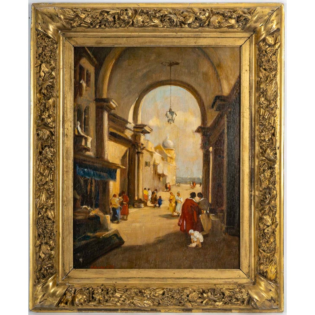 Attilio Achile Bozzato (1886-1954) Venise Cappricio avec l’Arche della Torre dell’Orologio huile sur bois | Biron 