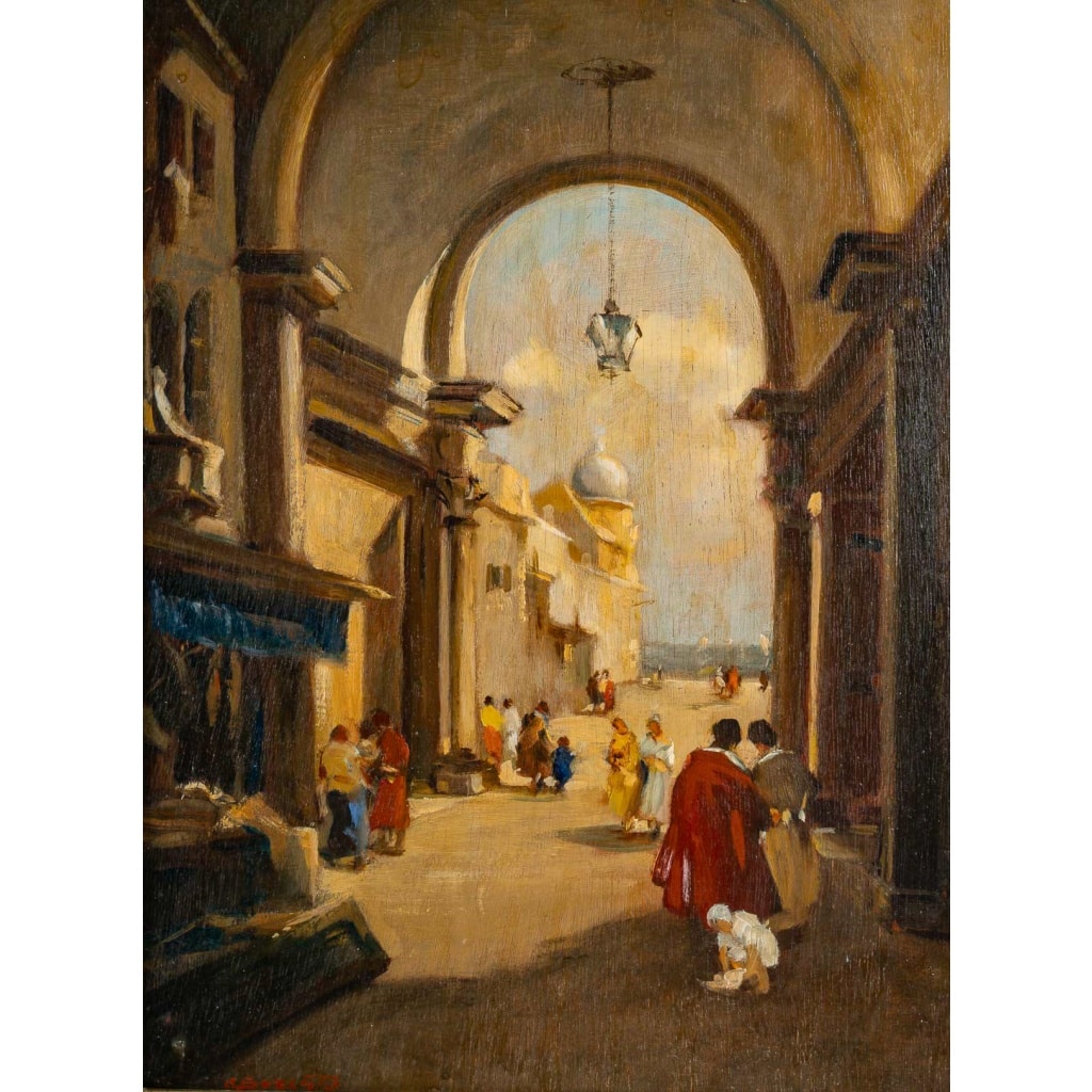 Attilio Achile Bozzato (1886-1954) Venise Cappricio avec l’Arche della Torre dell’Orologio huile sur bois | Biron 