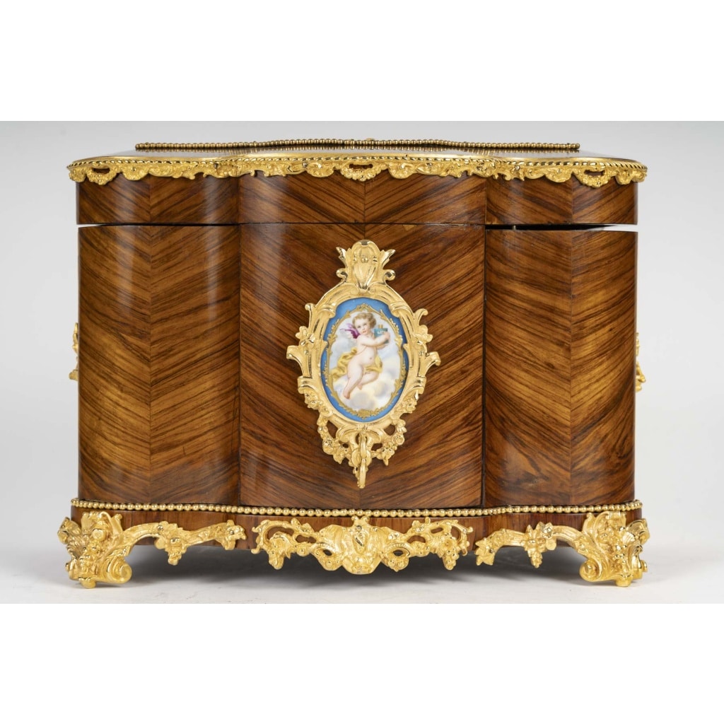 Tahan (attribué à)-coffret à Liqueurs En Bois De Rose Et Plaques De Porcelaine,1860 Circa | Biron 